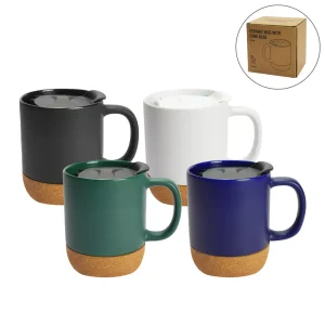 Ceramic Mugs with Lid and Cork Base 385 ml (Set of 50)