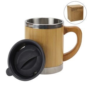 Bamboo & Stainless Steel Coffee Travel Mug with Handle and Lid (Set of 25)